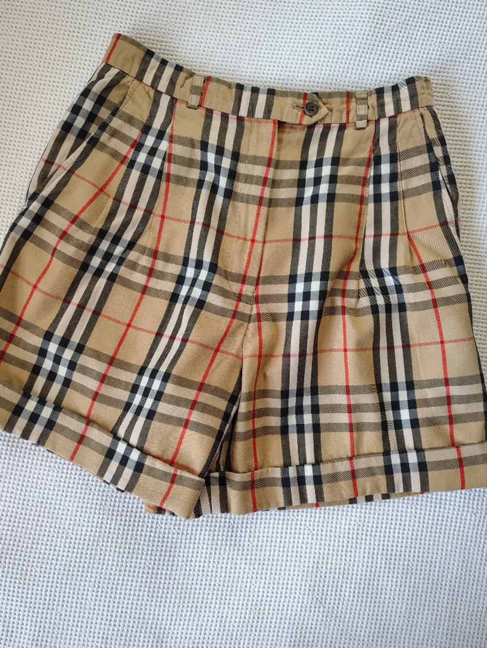 Burberry Beige Plaid Cotton Shorts with Black & Red Check